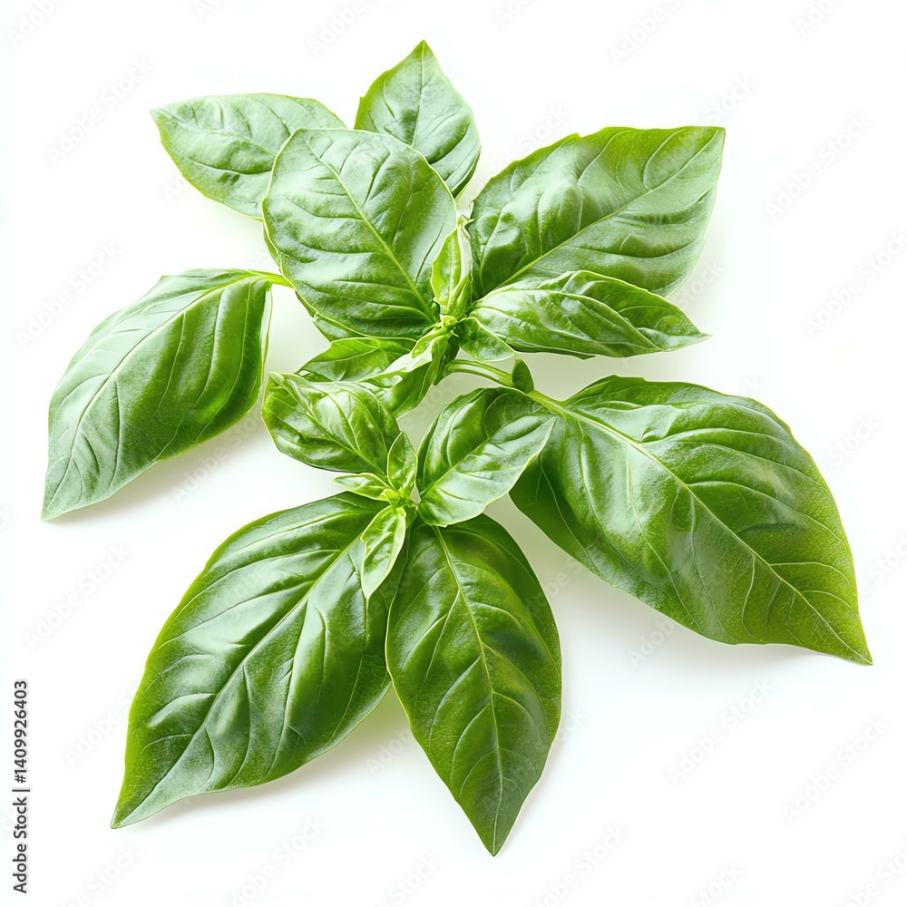 Fototapeta premium Fresh basil leaves on a white background.