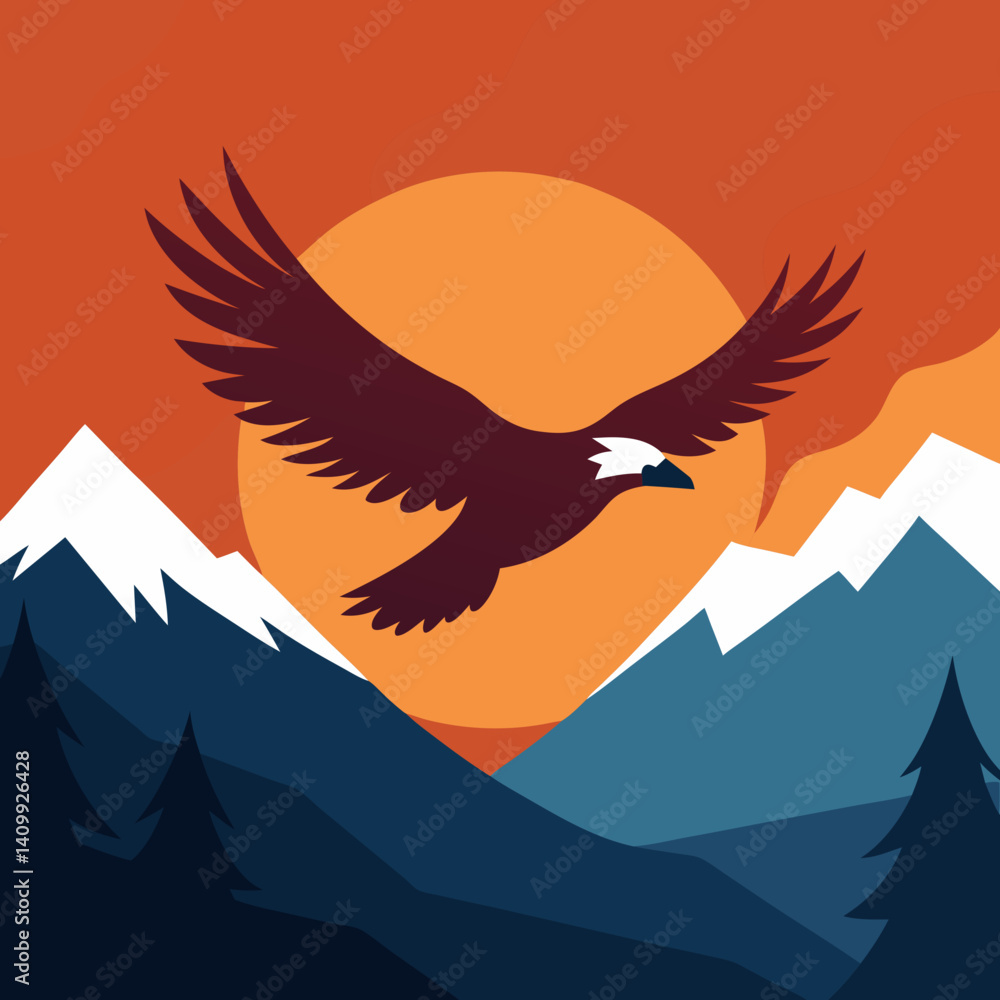 Obraz premium Vector art illustration of an eagle flying in the sky over a mountain