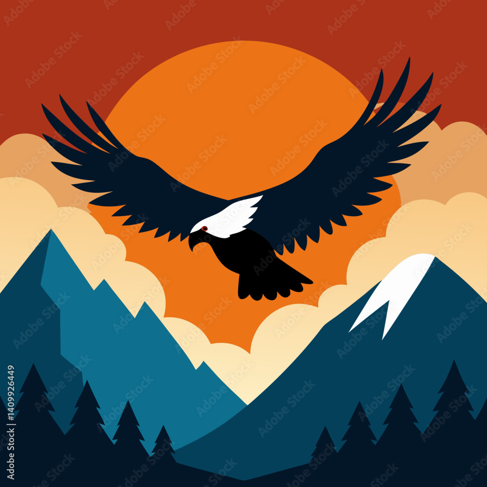 Obraz premium Vector art illustration of an eagle flying in the sky over a mountain