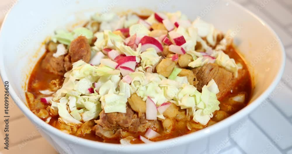 A bowl of red pozole soup with shredded cabbage and radish toppings, in a white bowl on a white brick surface. A bowl of red pozole soup with shredded cabbage and radish toppings, in a white bowl on a white brick surface.