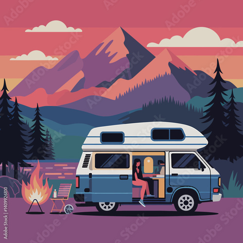 Campervan Adventure: Woman Working Remotely in Mountain Landscape Scene