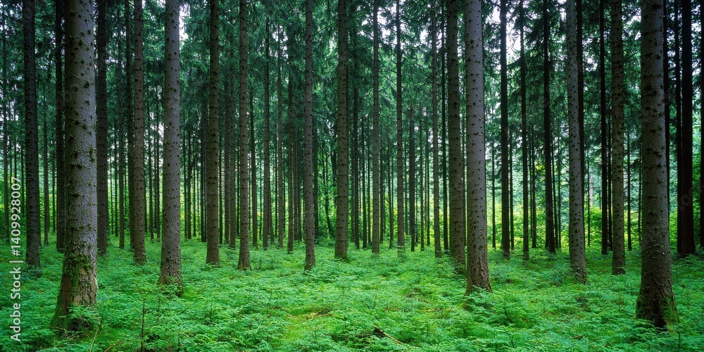 Obraz premium A serene forest scene featuring tall trees standing amidst lush green vegetation, creating a tranquil and inviting atmosphere.