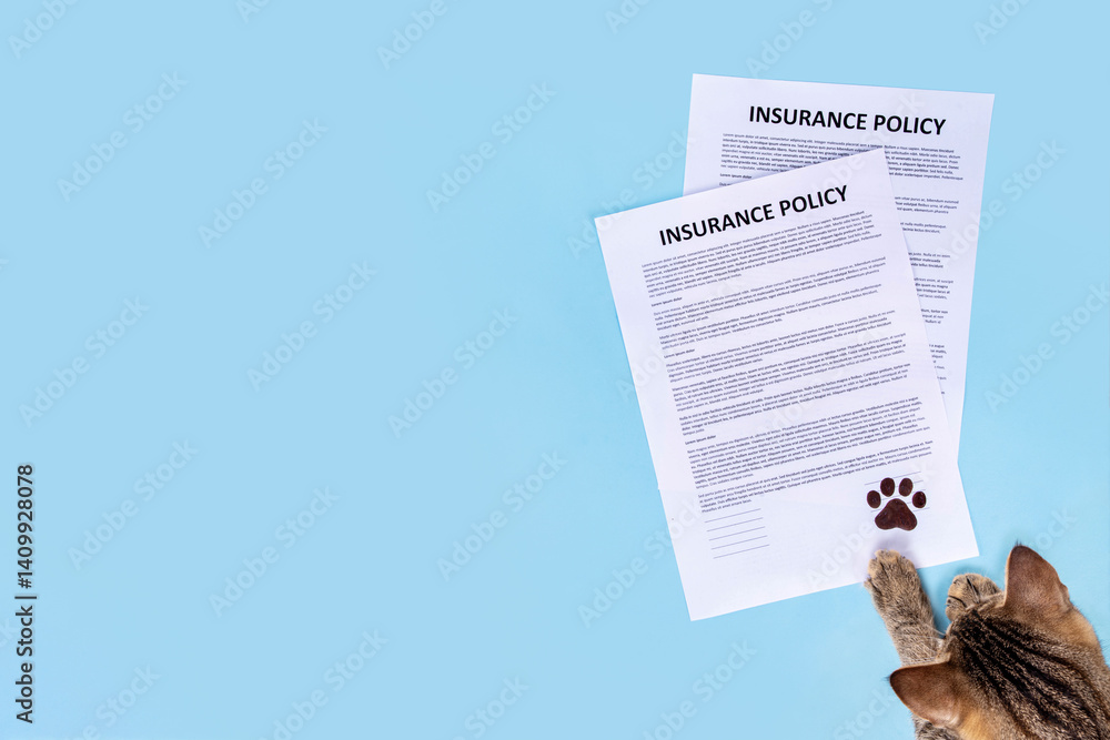 Naklejka premium Pet health life Insurance, medical coverage concept. Insurance contract with cat paw signature and cute striped tabby cat. Flat lay mock-up for cats and dogs for insurance agency, medical services