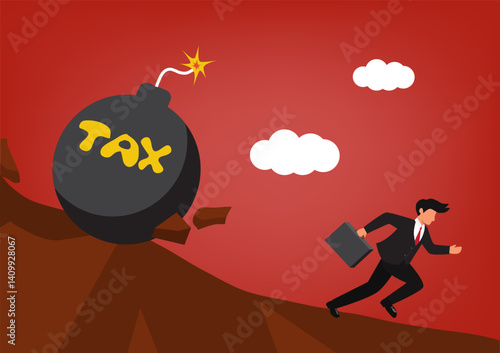 tax evasion businessman Business concept illustration. The male character runs away from a bomb that is like a retroactive tax.