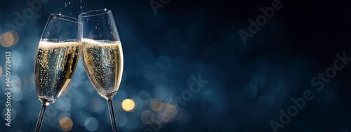 Two Champagne Flutes Toasting Against a Blue Bokeh Background