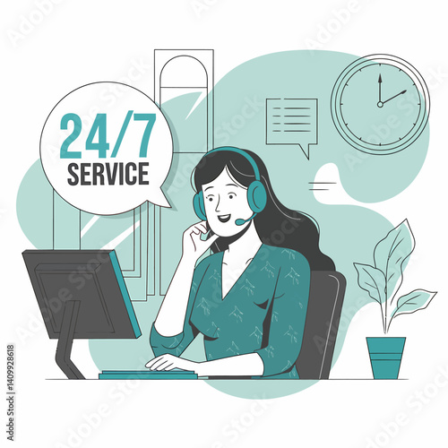 Friendly female customer service agent providing 24/7 online assistance