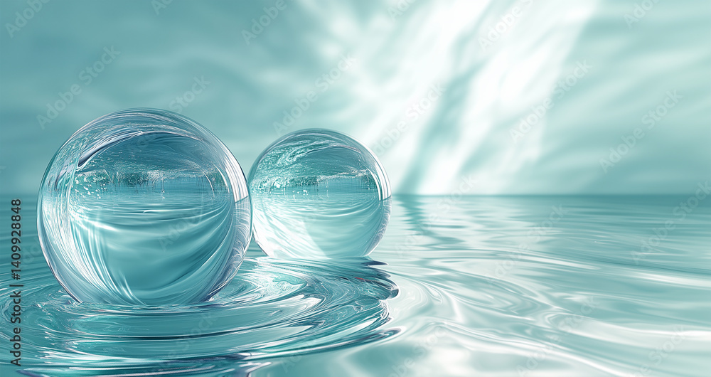 Abstract Floating Spheres Over Tranquil Water with Blue and Green Reflections Abstract Floating Spheres Over Tranquil Water with Blue and Green Reflections