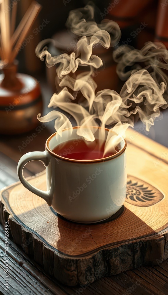 Fototapeta premium Steaming mug of tea, warm ceramic, rustic wooden table, blur, minimal