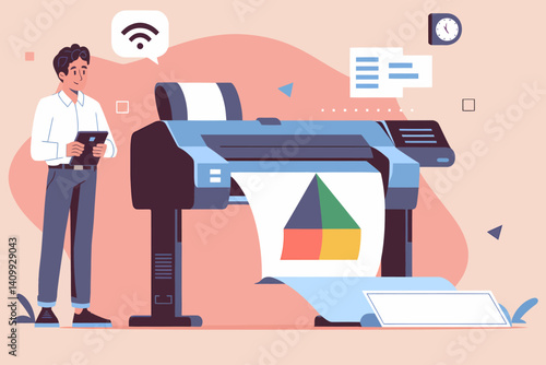 Professional wide format printer with worker, Wi-Fi connection. Vector illustration.