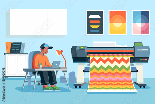 Large format printing service: man working in digital print shop with plotter machine