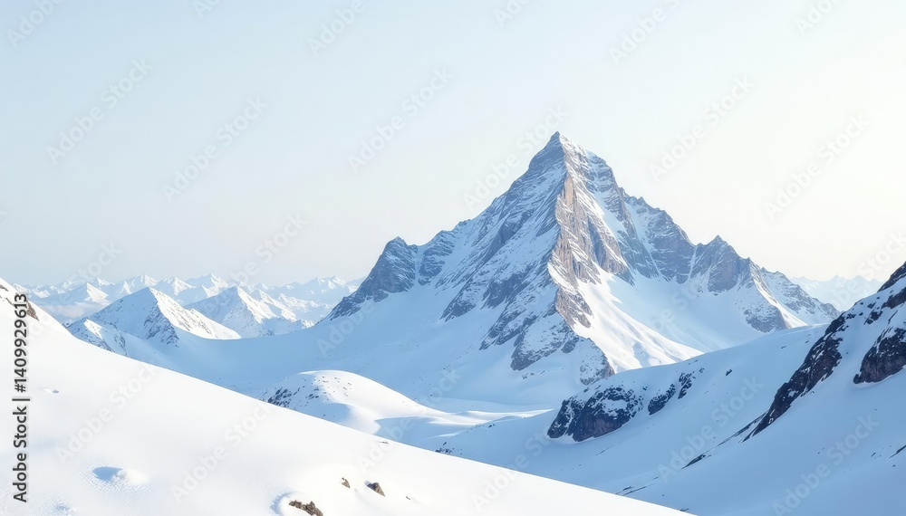 Obraz premium Snow-covered mountain peak, pristine white background, cliff, clear