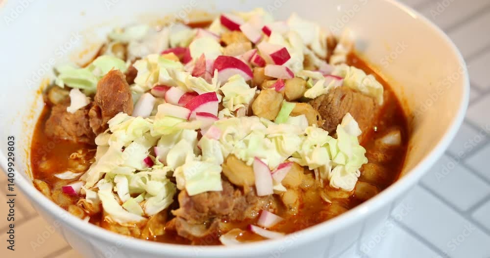 A bowl of red pozole soup with shredded cabbage and radish toppings, in a white bowl on a white brick surface. A bowl of red pozole soup with shredded cabbage and radish toppings, in a white bowl on a white brick surface.