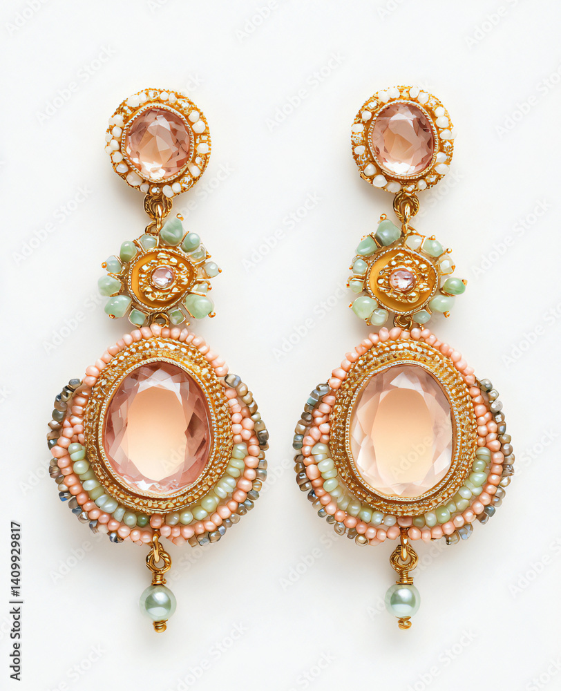 Elegant Peach and Gold Beaded Statement Earrings with Gemstones Elegant Peach and Gold Beaded Statement Earrings with Gemstones