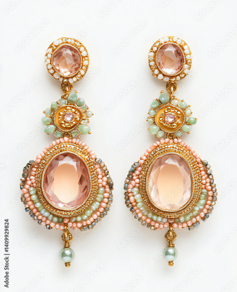 Elegant Peach and Gold Beaded Statement Earrings with Gemstones Elegant Peach and Gold Beaded Statement Earrings with Gemstones