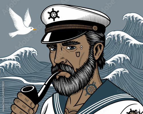 Vintage Mariner Illustration: Bearded Sailor with Pipe on the Ocean