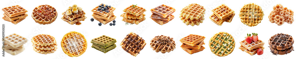 A Variety of Delicious Waffles Displayed in a Stunning Array to Tempt Any Food Lover with Their Unique Shapes and Tantalizing Toppings. Piquant food set. A Variety of Delicious Waffles Displayed in a Stunning Array to Tempt Any Food Lover with Their Unique Shapes and Tantalizing Toppings. Piquant food set.