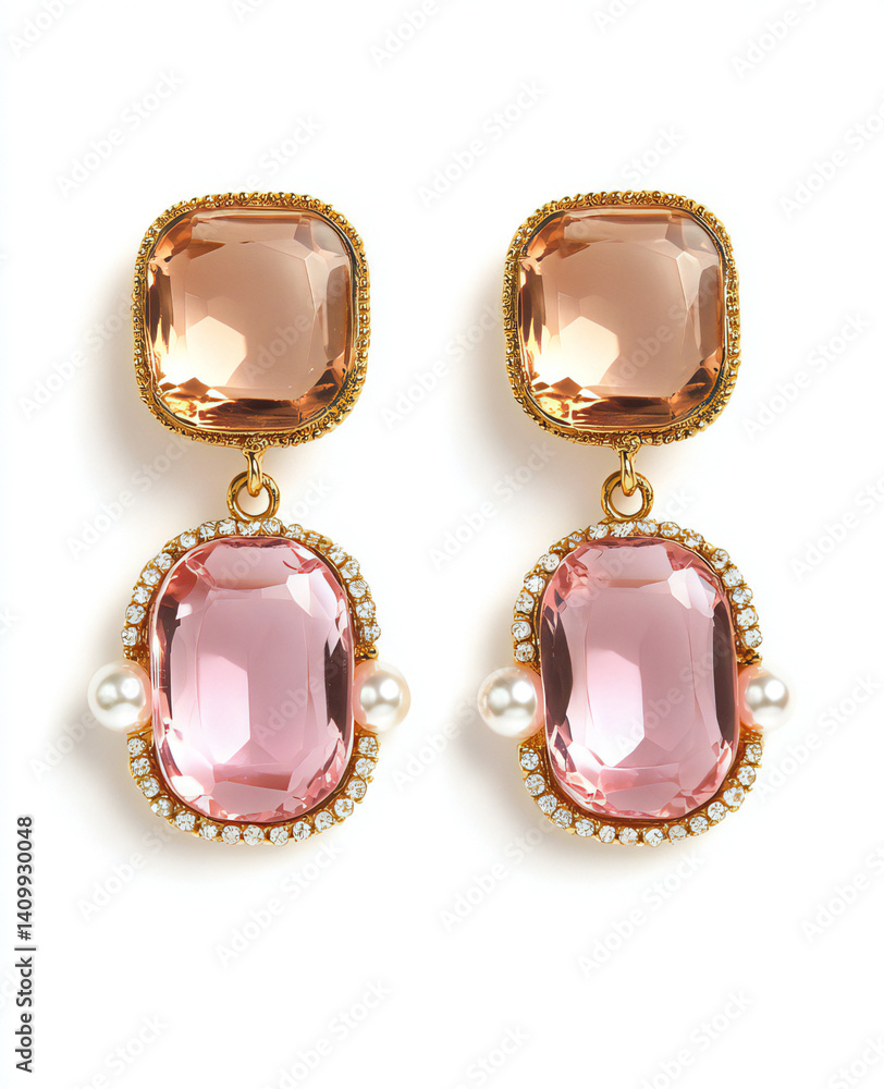 Elegant Pink and Peach Gemstone Drop Earrings with Pearls Elegant Pink and Peach Gemstone Drop Earrings with Pearls