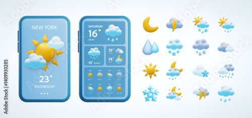 Vector cartoon 3d weather app icon set. Cute 3d render of smartphone with forecast widgets and sunny day, rain clouds, lightning, rainy, snowy weather icons. Realistic 3d meteorology collection.