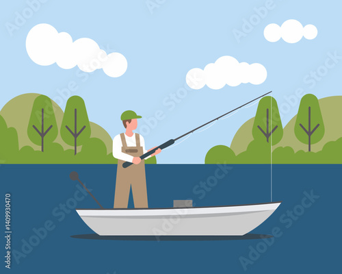 Flat vector illustration of a man fishing on a boat in a calm lake