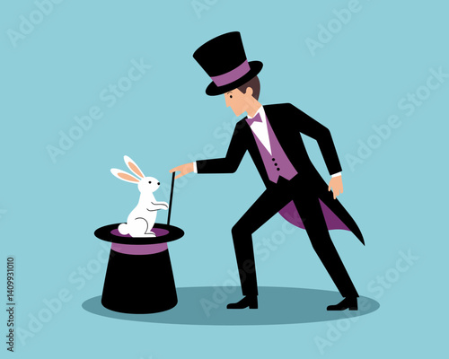 Cartoon Magician with Rabbit in Hat Illustration, Trick Show, Performance Concept