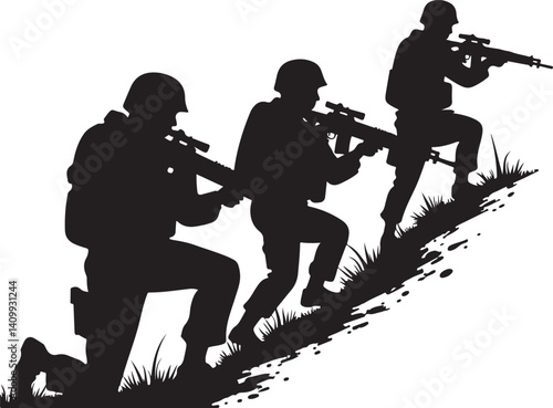 Soldiers Advancing Silhouette – Military Combat Illustration

Tactical Army Team – Black and White Soldier Silhouette Art

Combat Patrol in Motion – Military Operation Graphic