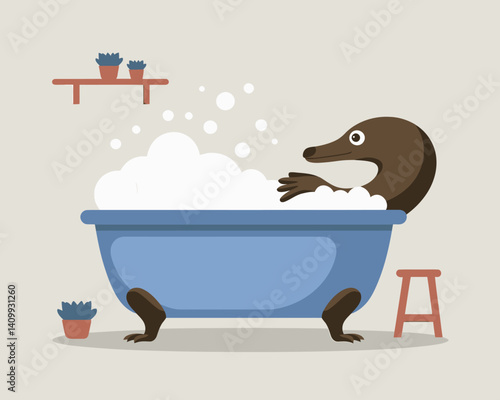 Cartoon Echidna Relaxing in Bubble Bath - Funny Animal Illustration
