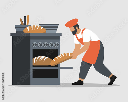 Baker Taking Fresh Bread from Oven Illustration, Homemade Loaf