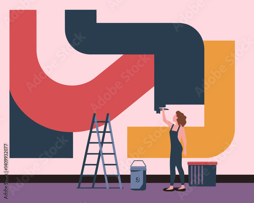 Mural Painting: Artist Creating Abstract Geometric Wall Art at Home