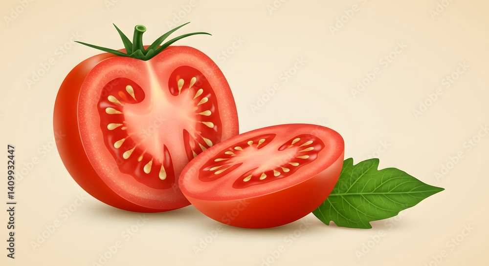 Fototapeta premium Sliced Tomato with Green Leaf Isolated Still Life