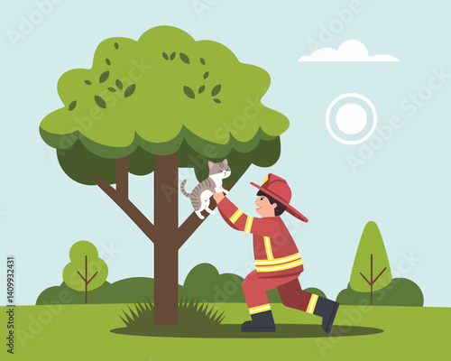 Firefighter rescues cat stuck in tree illustration. Cartoon rescuer and kitten.
