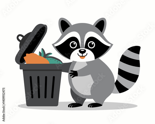 Cute Cartoon Raccoon with Trash Can - Vector Illustration