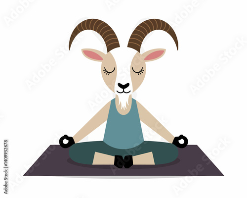 Cartoon Goat Meditating in Lotus Position on a Yoga Mat Illustration