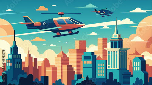 Amidst the urban chaos there is a sense of tranquility as air taxis smoothly fly overhead offering a tranquil view of the city below.. Vector illustration