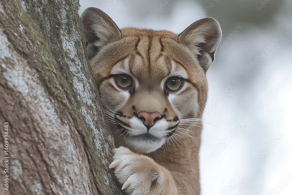 Obraz premium Cougar Peeking Around Tree Trunk with Intense Gaze Captivating Image