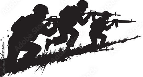 Soldiers Advancing Silhouette – Military Combat Illustration

Tactical Army Team – Black and White Soldier Silhouette Art

Combat Patrol in Motion – Military Operation Graphic