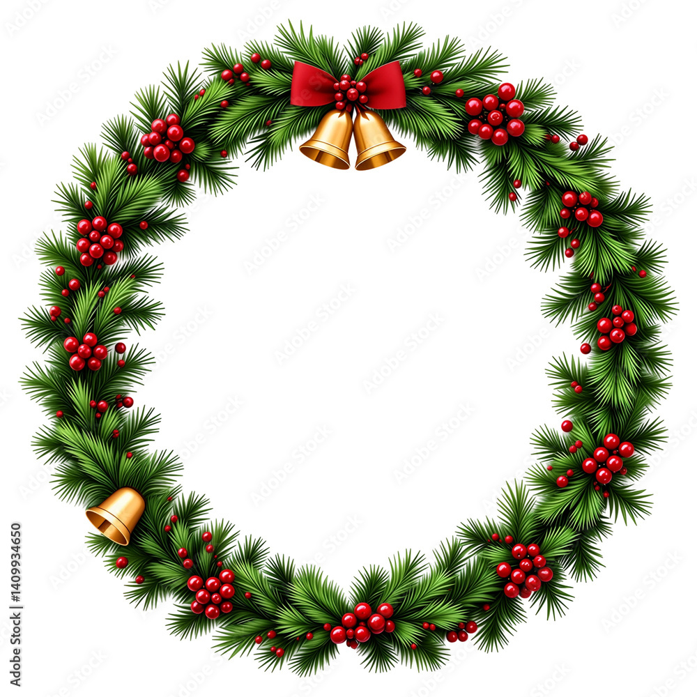 Christmas wreath with pine branches, red berries, and golden bells isolated on transparent background Christmas wreath with pine branches, red berries, and golden bells isolated on transparent background