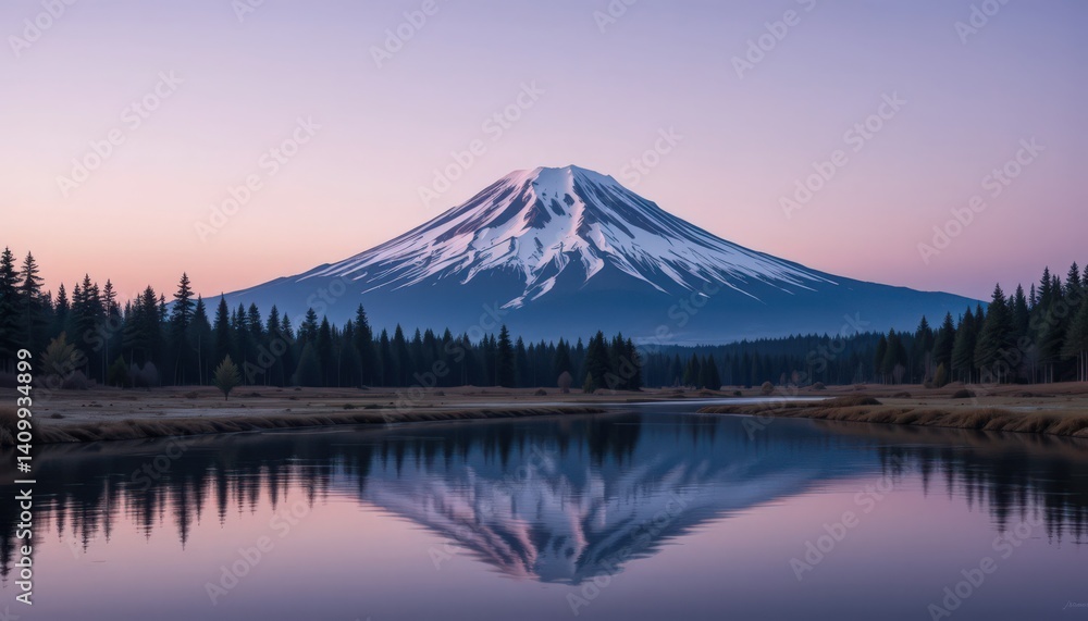 Majestic Snowy Mountain Reflected in Calm Waters at Dawn
