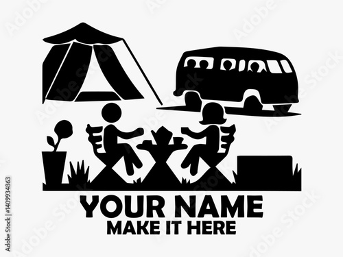 Black silhouette illustration of a happy camping couple sitting at a table with tea near a tent and a vintage van. Camping concept, camping vector and camping logo design