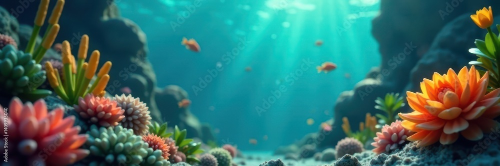 Fototapeta premium Deep underwater scene, blurred aquatic plants, colorful, background