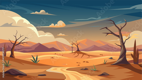 The absence of birds and insects chirping the silence broken only by the sound of the wind blowing through the driedout vegetation.. Vector illustration