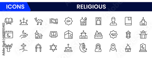 Vector illustration web line icon collection featuring symbols like a cross, crescent moon, prayer hands, and temple—representing global religious beliefs and spirituality.