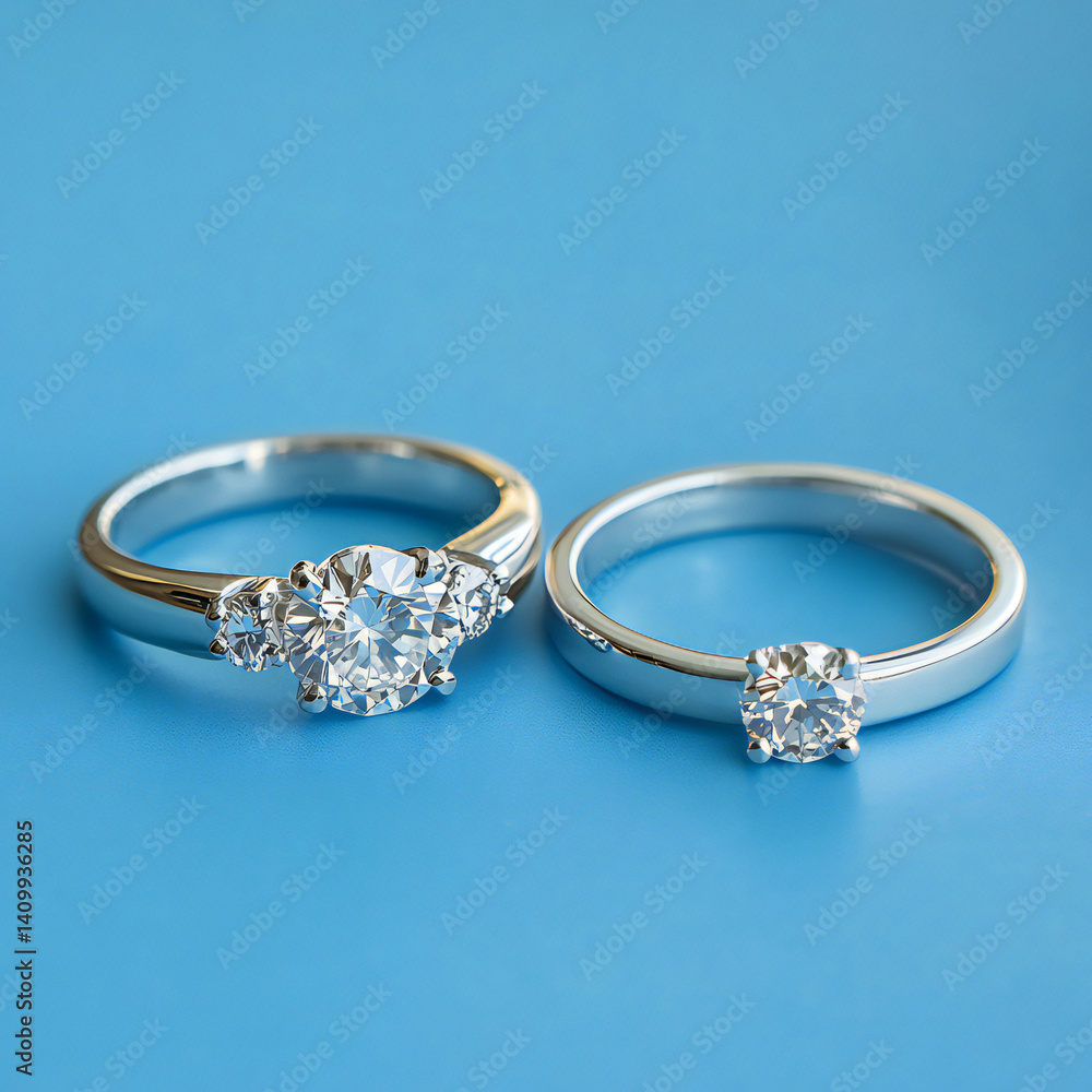 Elegant Diamond Engagement and Wedding Rings on Blue Elegant Diamond Engagement and Wedding Rings on Blue