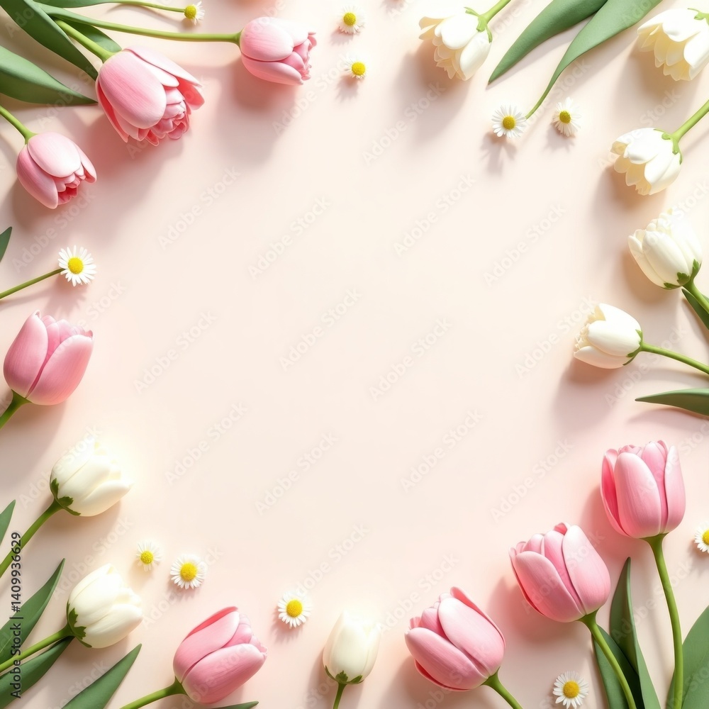Fototapeta premium Tulips and daisies arranged around a soft pink background. Light floral flatlay perfect for spring-themed cards, wedding invitations, and branding.