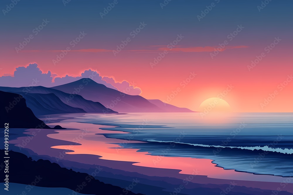 Fototapeta premium Stunning Sunset Beach Landscape. Tranquil Ocean Waves and Vibrant Sky Colors