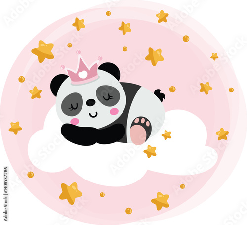 Pink round illustration sweet dreams with baby girl panda sleeping on cloud