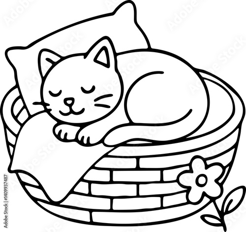 Dessin au trait pour page ou livre de coloriage de chat mignon et amusant. Trait simple et facile, vecteur noir transparent. 