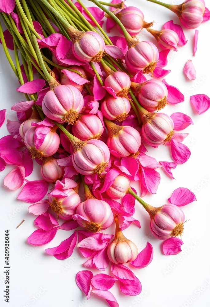 Obraz premium Scattered pink flower bulbs, vibrant petals, white background , springtime, color, bulbs