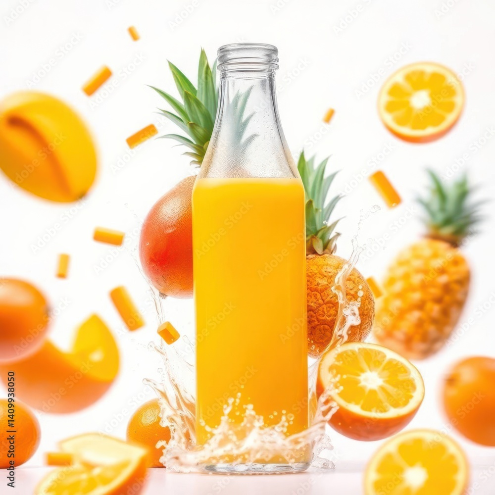 Fototapeta premium Tropical juice bottle with orange, pineapple, and mango against a bright background with a splash.