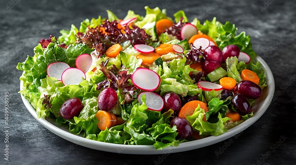 Fresh Salad with Lettuce, Radishes, Carrots, and Grapes, A fresh salad with lettuce, radishes, carrots, and grapes on a white plate Fresh Salad with Lettuce, Radishes, Carrots, and Grapes, A fresh salad with lettuce, radishes, carrots, and grapes on a white plate