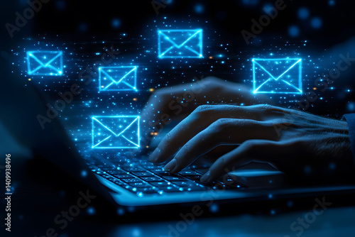 Digital Communication Concept with Glowing Email Symbols Over Laptop for Technology Design